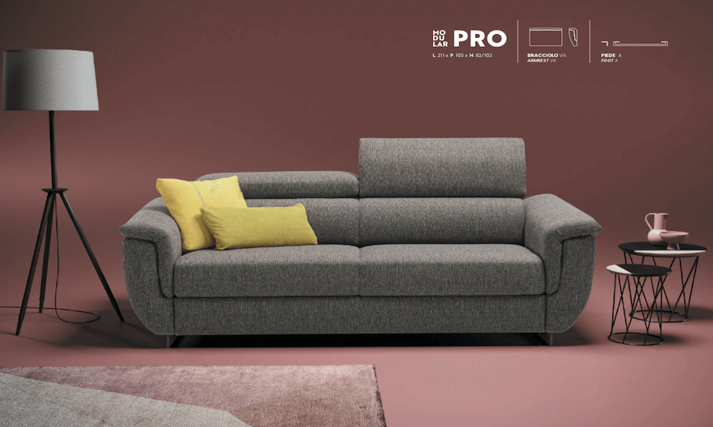 Nuovo divano letto Modular Pro con rete a doghe e materasso alto 17 cm, 4 modelli di braccioli e piedini in metallo e legno – Tino Mariani