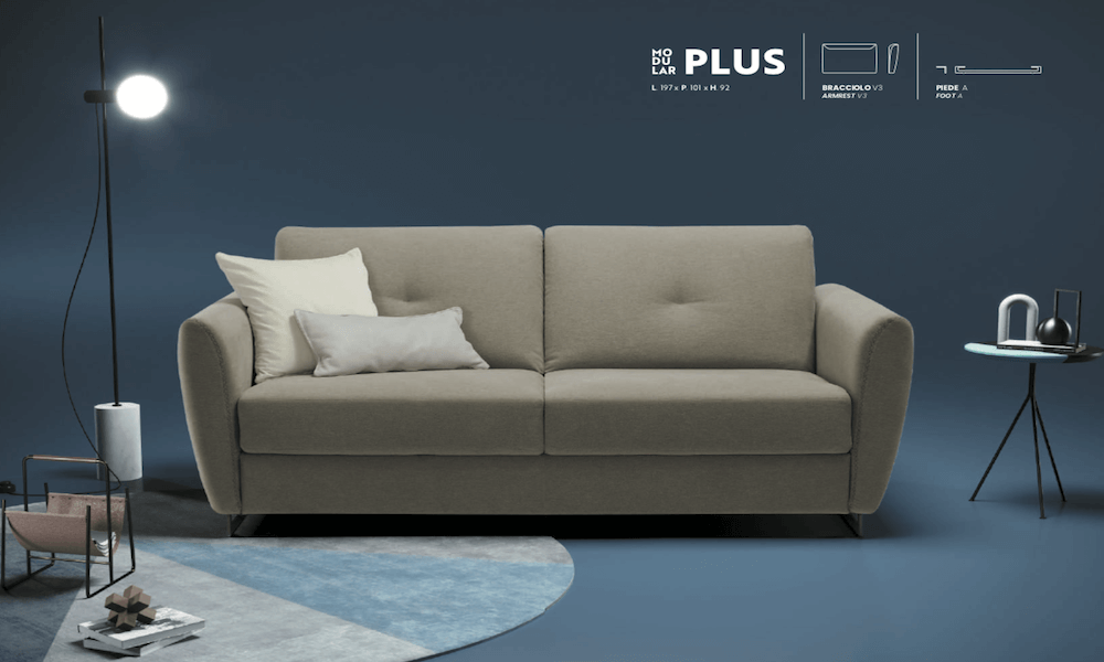 divano letto con materasso alto 17 cm rete a doghe schienale comfort Modular Plus. Nuovo divano letto comodissimo con piedino alto made in Italy.