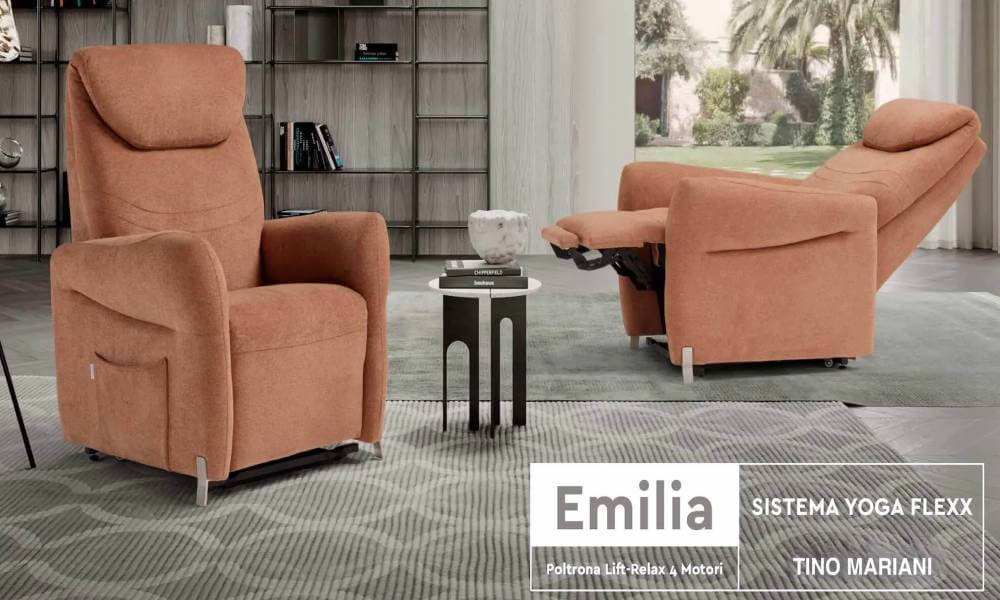 Poltrona Relax Yoga Flexx Emilia in vendita da Tino Mariani. Innovativa poltrona di design con sistema massaggio yoga. 100% made in Italy.