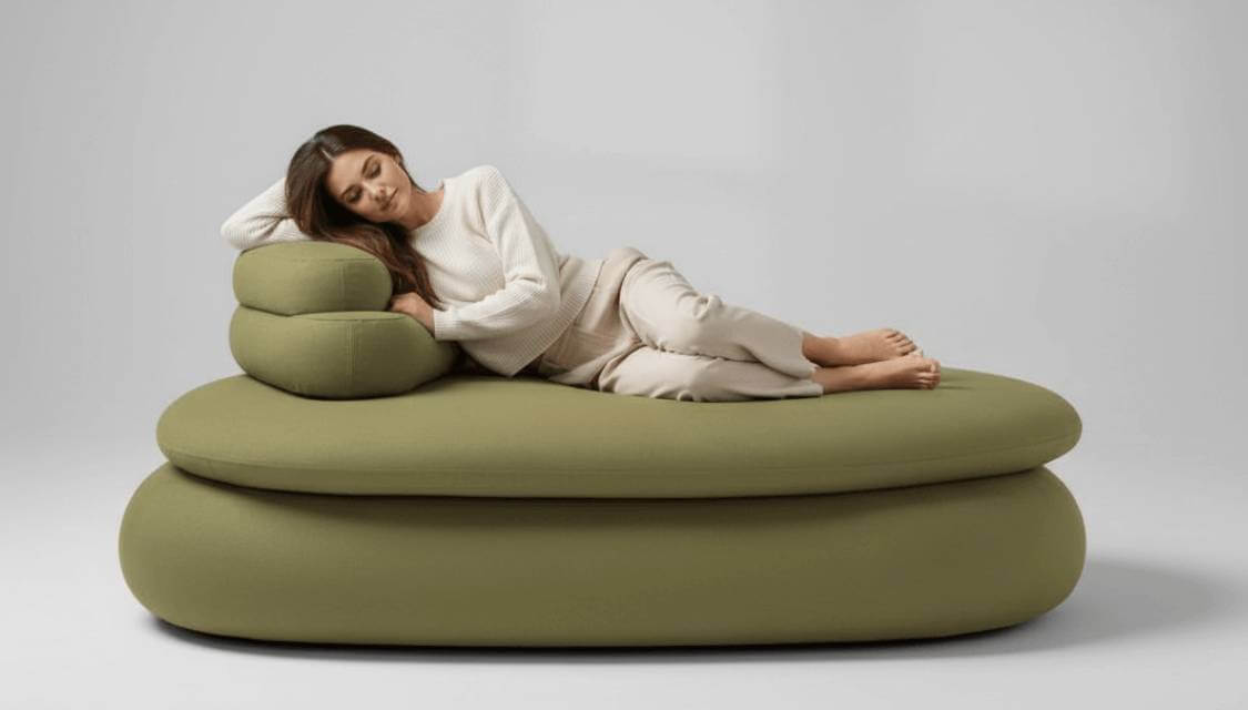 Pouf letto trasformabile con contenitore modello Stone Tino Mariani con ragazza sdraiata in relax
