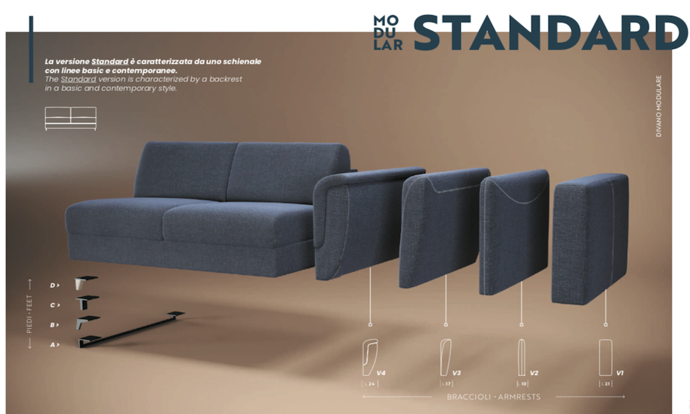 divano letto matrimoniale con materasso comodo disponibile con 4 braccioli e 4 piedini diversi modular standard tino mariani