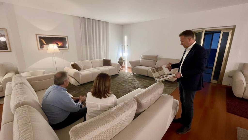 Consulenza personalizzata per la scelta di un divano artigianale Tino Mariani in showroom
