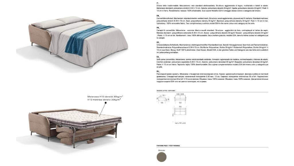 Dettagli tecnici divano letto Elegance con bracciolo aggiornato e consegna rapida – modello una piazza e mezza con materasso 140x197