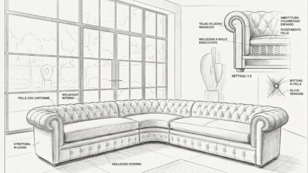 Disegno divano Chesterfield angolare in pelle Tino Mariani Lissone