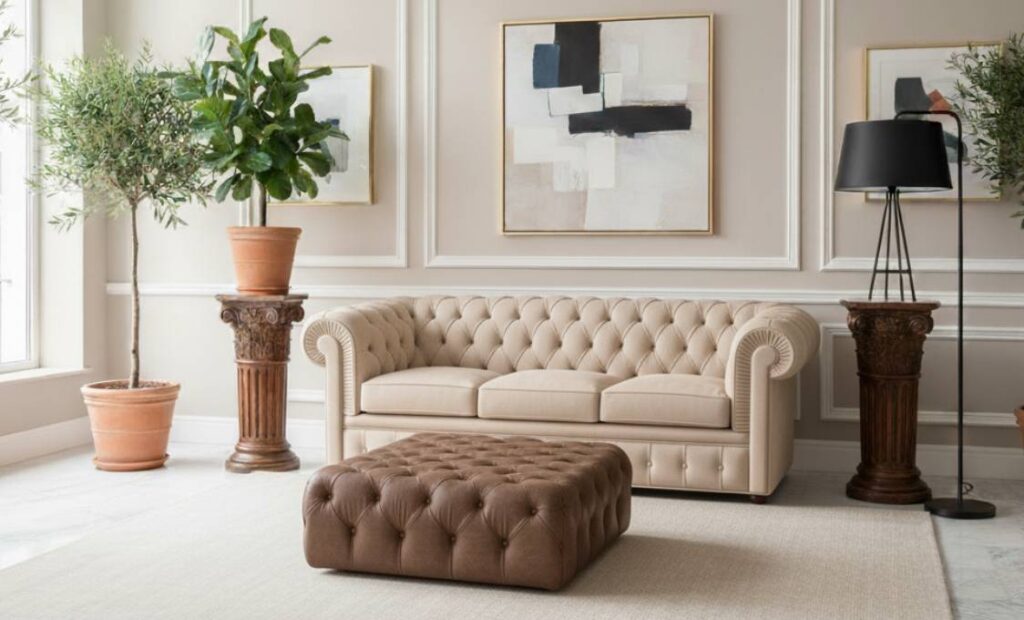 Divano Chesterfield 3 posti in pelle con pouf capitonné coordinato Tino Mariani