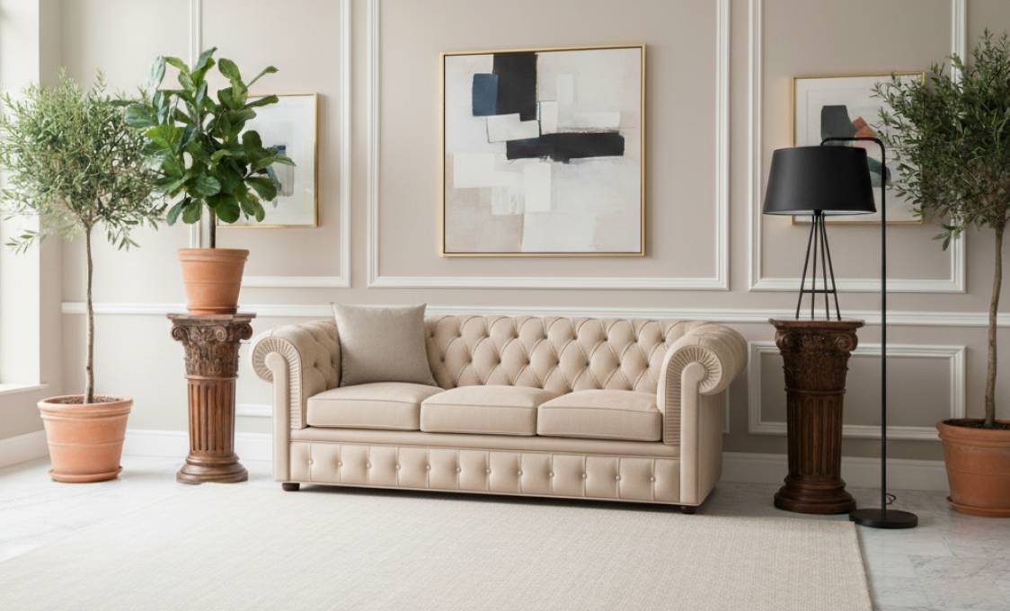 Divano Chesterfield 3 posti in pelle pieno fiore colore beige artigianale Tino Mariani