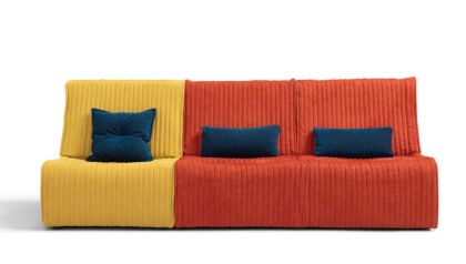 Il divano letto contemporaneo senza braccioli Bangkok, nella versione trasformabile gialla e arancione.