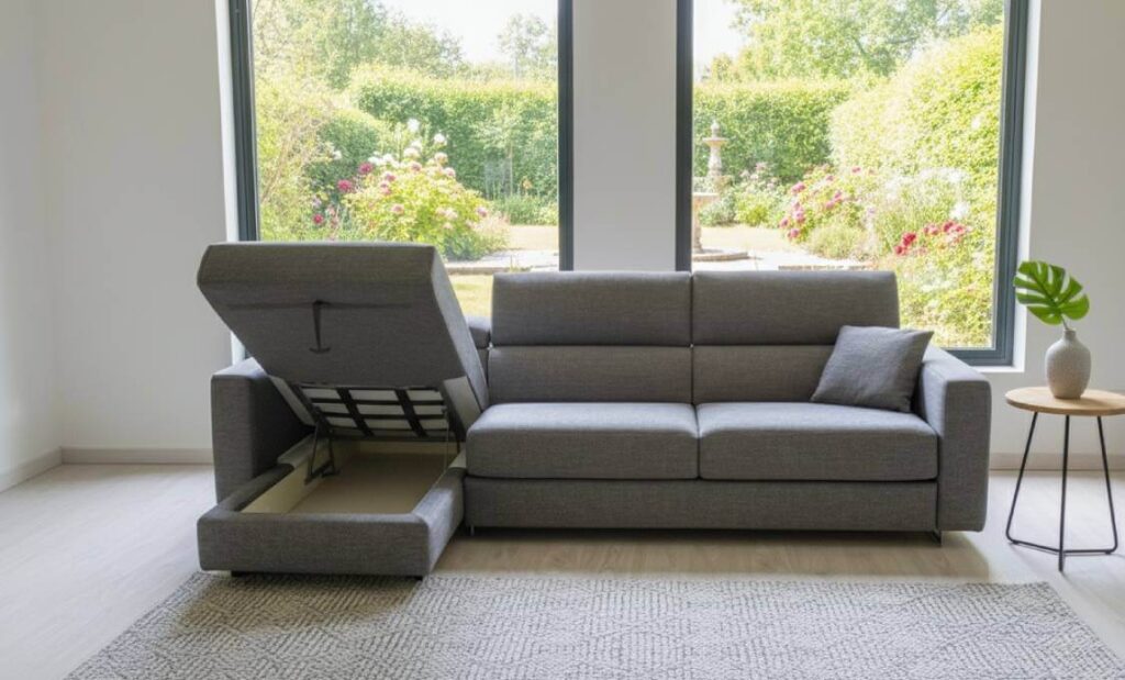 Divano letto con chaise longue contenitore Modular Pro in tessuto sfoderabile beige – Tino Mariani