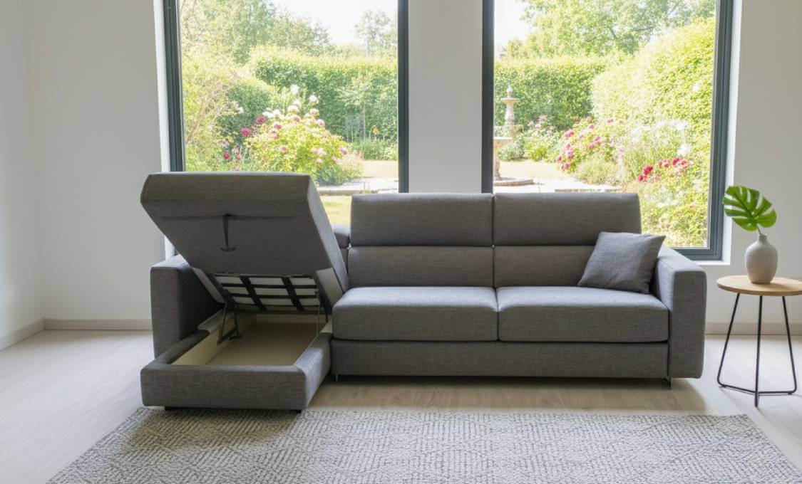 Divano letto con chaise longue contenitore Modular Pro in tessuto sfoderabile beige – Tino Mariani