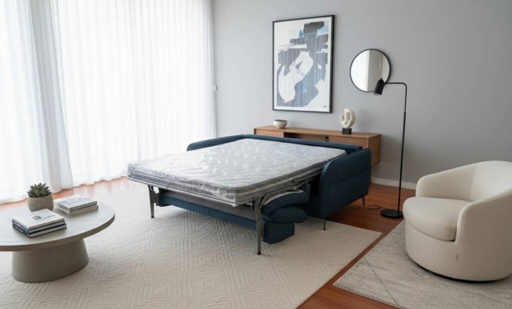 Divano Letto pronta consegna Elegance Con Materasso 140x197 H 13 E Piedini Alti In Tessuto Sfoderabile Anti Macchia Blu Tino Mariani