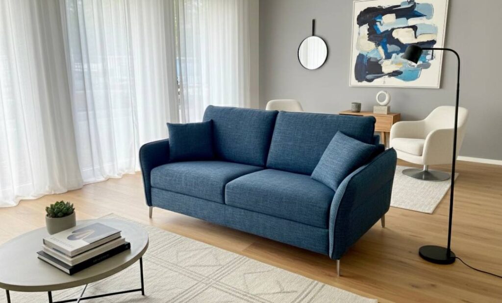 Divano Letto Elegance Con Piedini Alti In Tessuto Anti Macchia Blu Pronta Consegna Tino Mariani