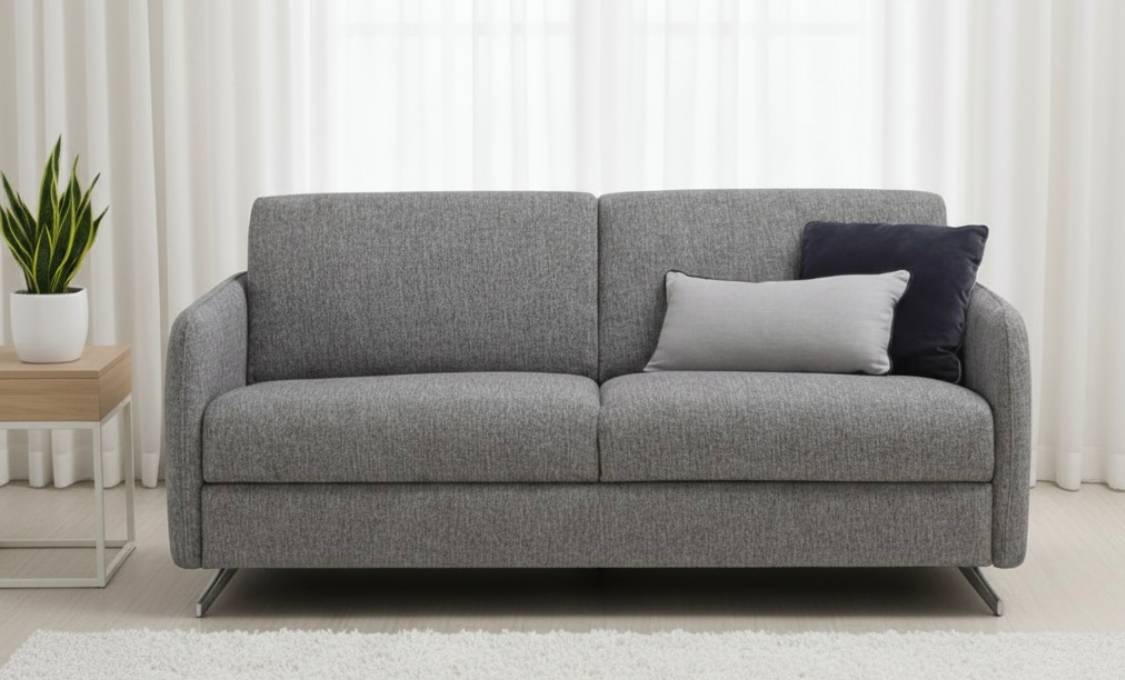 Praga, il divano letto moderno con piedini alti in metallo e rete a doghe in legno, realizzato su misura da Tino Mariani.