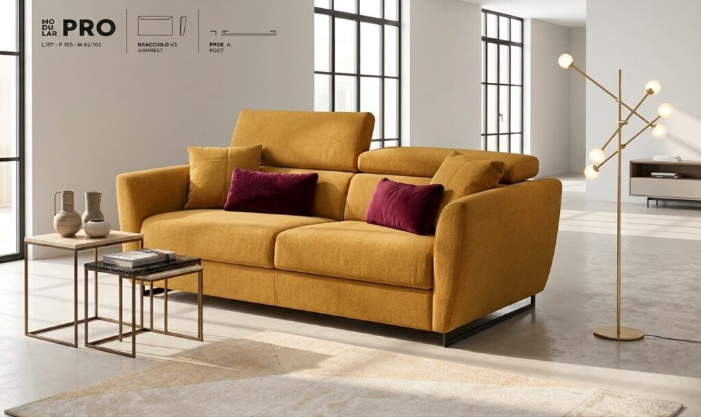 Divano Letto Modular Pro Con Materasso Alto 17 Cm In Tessuto Sfoderabile Colore Giallo Ocra Tino Mariani