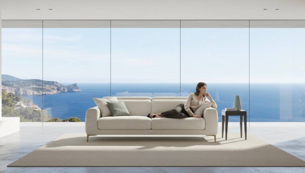 Divano moderno Hawaii Tino Mariani in tessuto bianco con piedini bronzo e sedute estraibili