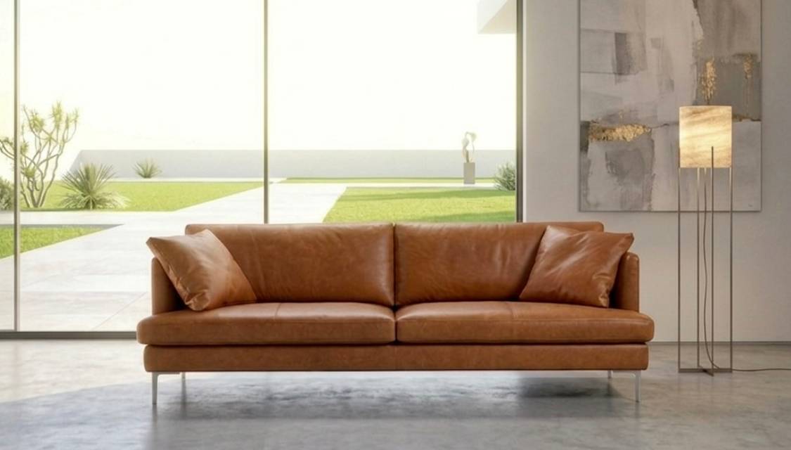 Divano moderno in pelle color cognac Manhattan di Tino Mariani