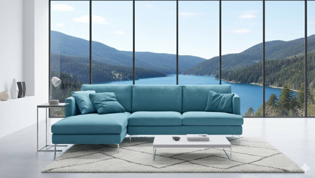 Divano moderno su misura Manhattan con chaise-longue Tino Mariani in tessuto sfoderabile ottanio con vista lago a Lissone