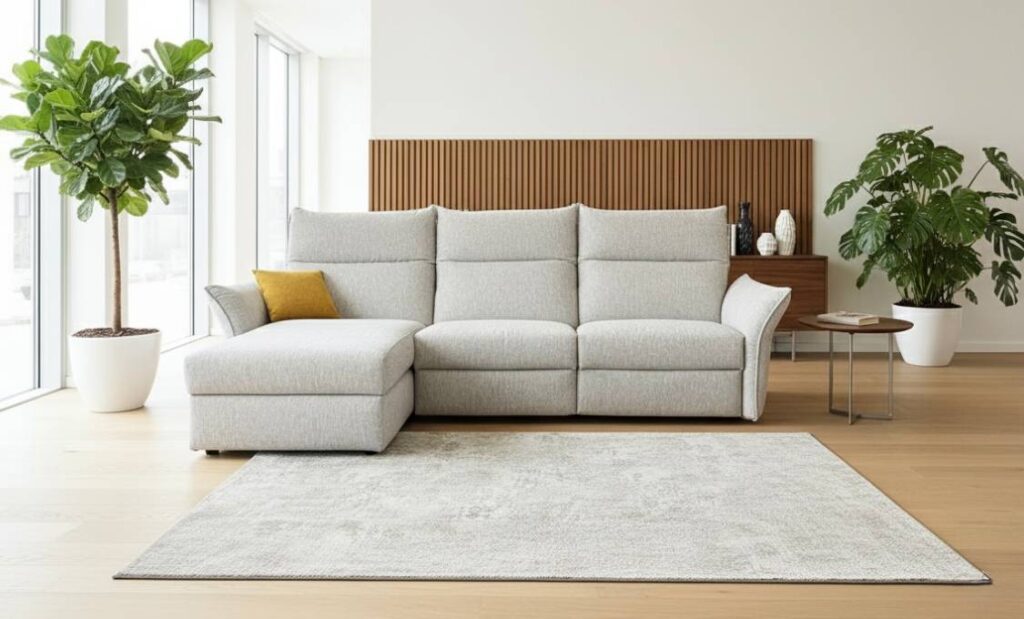 Divano relax moderno Madeira con chaise longue contenitore in tessuto Aquaclean - Tino Mariani