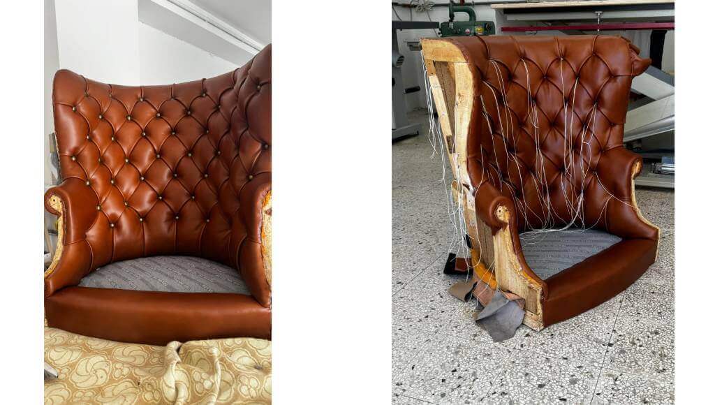 Lavorazione Rinnovo Poltrona Chesterfield Vintage In Pelle Pieno Fiore Tino Mariani