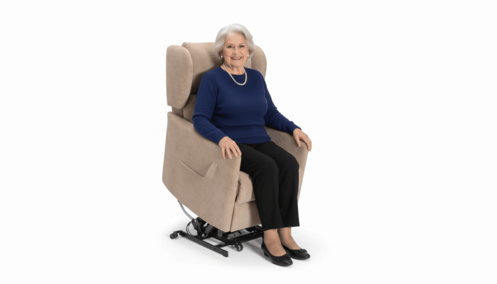 Poltrona relax alzapersona smontabile Nicole con donna seduta elegante