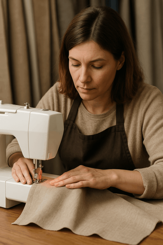 Donna al lavoro su macchina da cucire durante rifacimento divano artigianale - Tino Mariani Lissone
