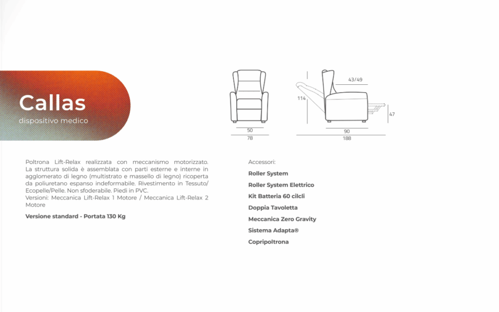 Scheda Tecnica Poltrona Relax Elettrica Callas In Vendita Da Tino Mariani