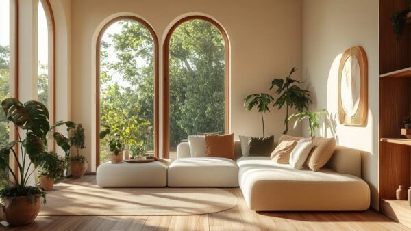 Soggiorno moderno con divano modulare dai colori neutri e forme morbide