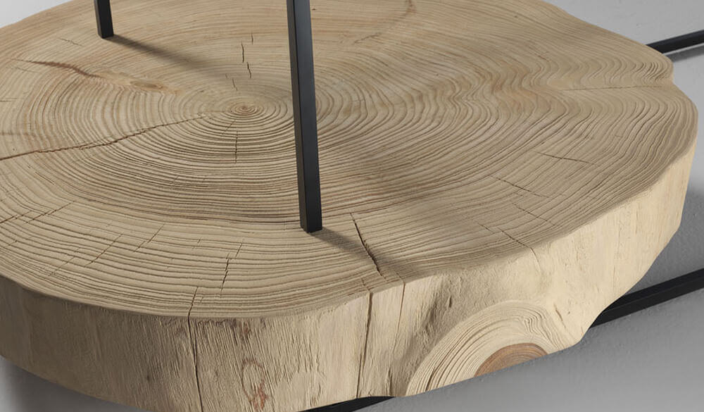 Tavolino Kurtz con piano effetto legno e base centrale dal design contemporaneo, disponibile da Tino Mariani a Lissone in provincia di Monza e Brianza.
